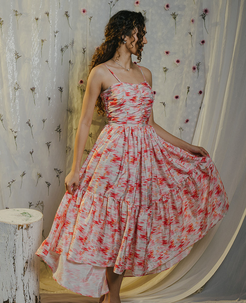 Ikkat Satin High Low Strap Dress