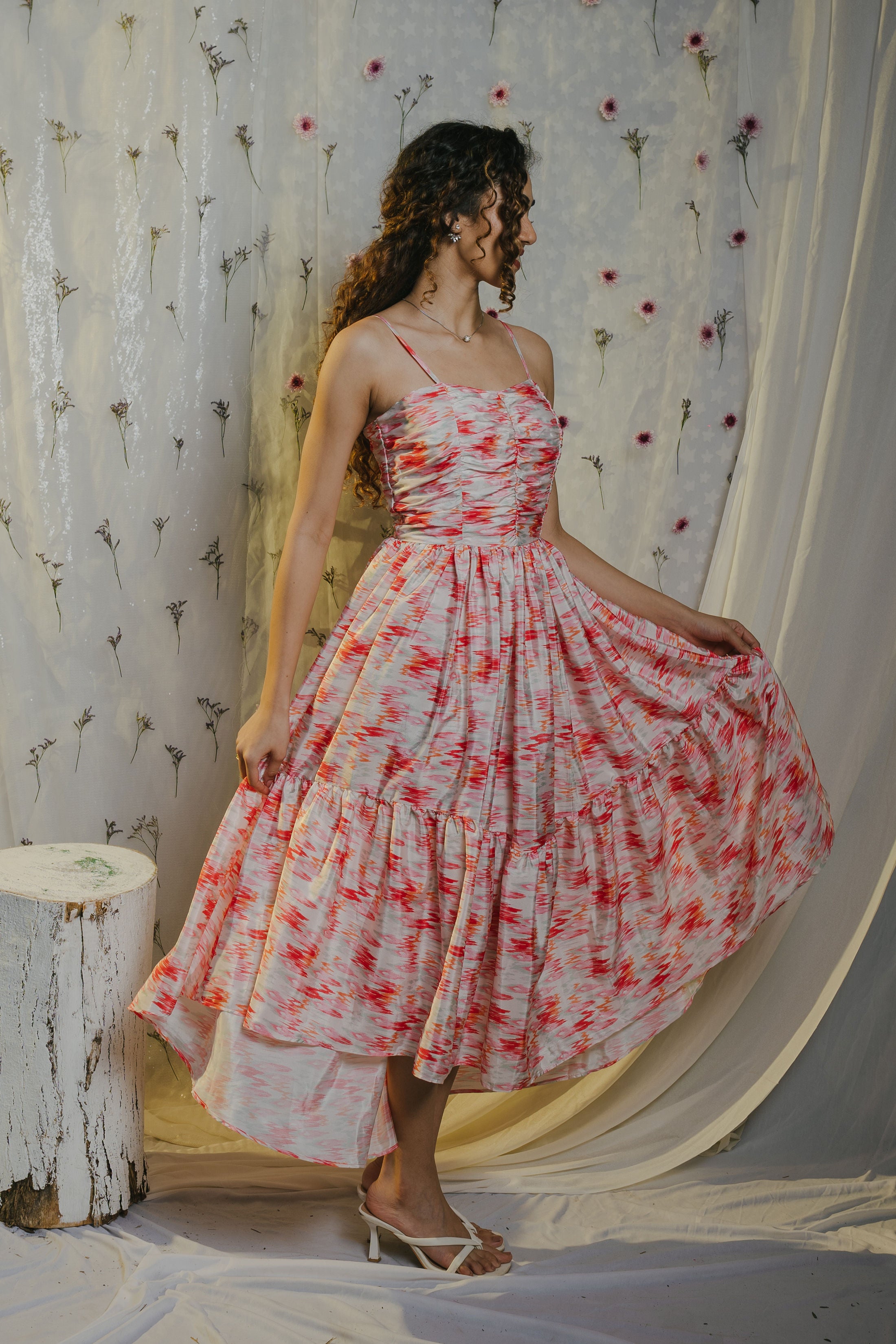 Ikkat Satin High Low Strap Dress