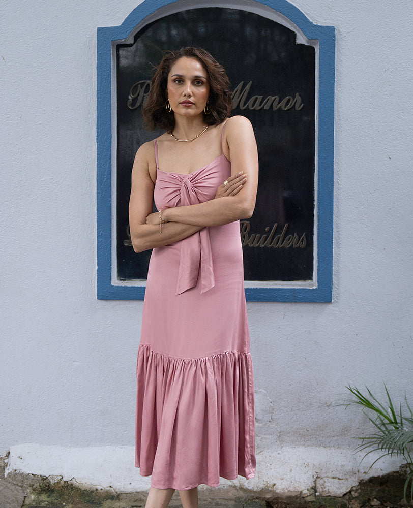 Blush Pink Bow-Tie Midi Dress