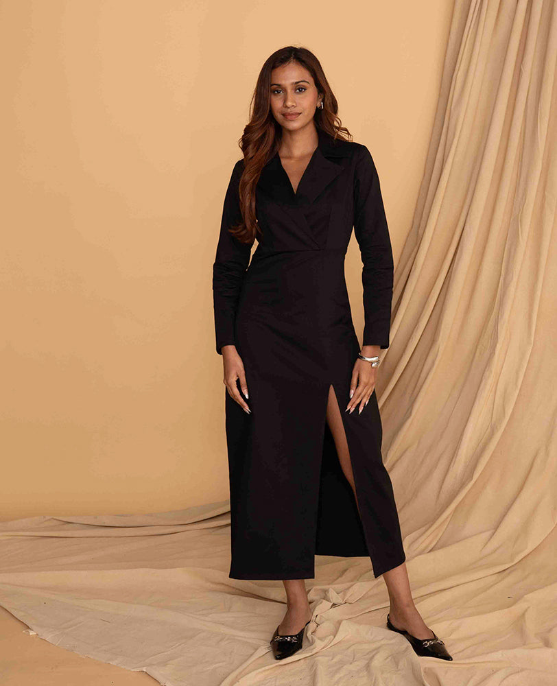Black Blazer-Collar Maxi Dress with Side Slit