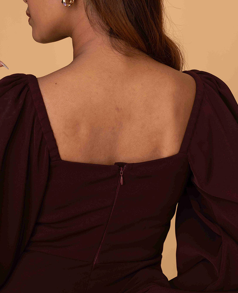 Wine Puff-Sleeve Midi Dress with Front Tie