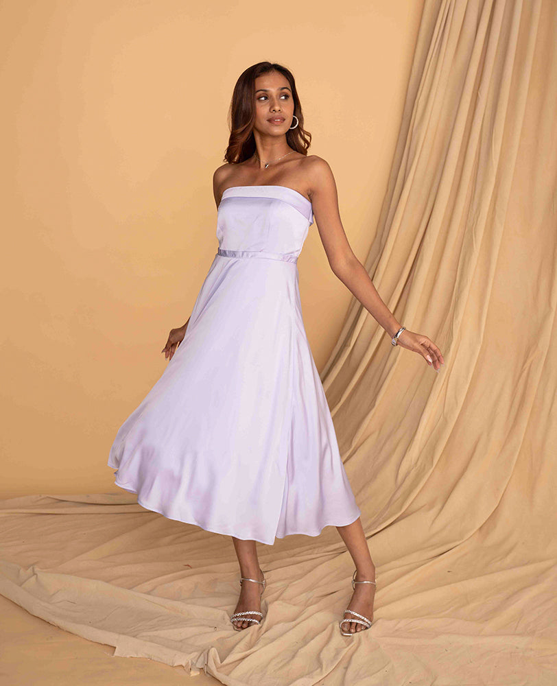 Lavender Strapless Flowy Midi Dress