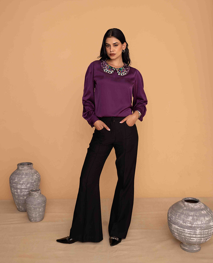 Purple Satin Embellished peterpan Collar Top