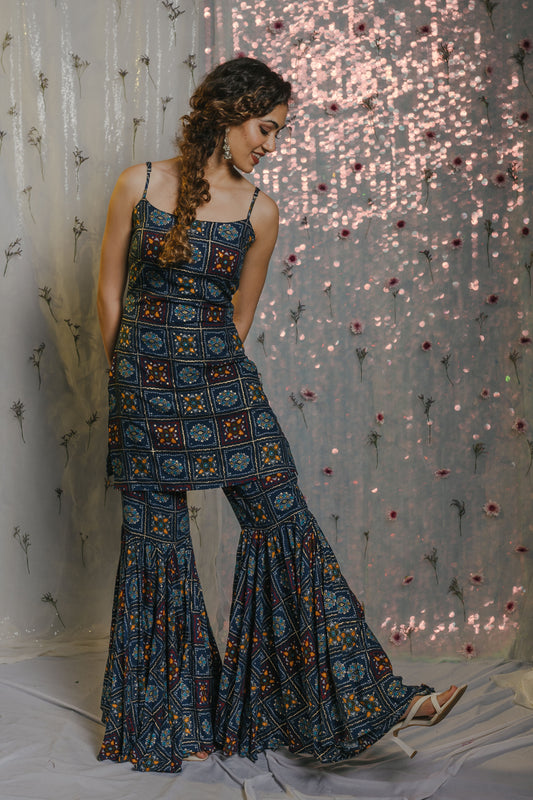 Rayon Fabric With Golden Printed Sharara Style Outfit