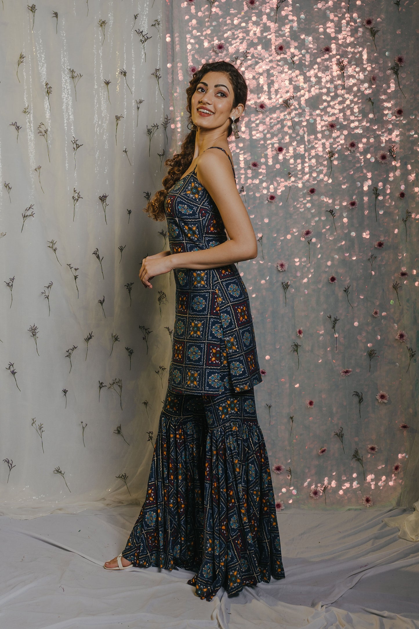 Rayon Fabric With Golden Printed Sharara Style Outfit