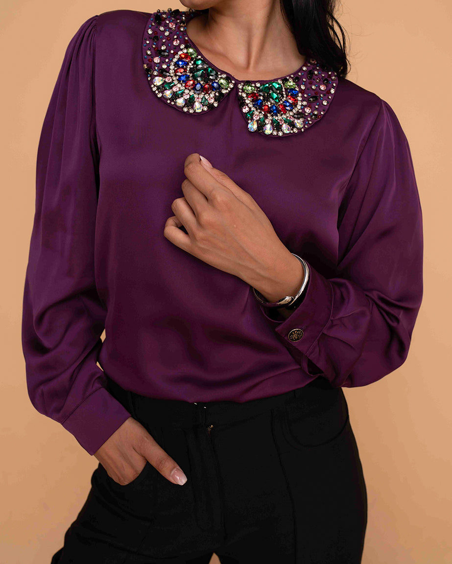 Purple Satin Embellished peterpan Collar Top