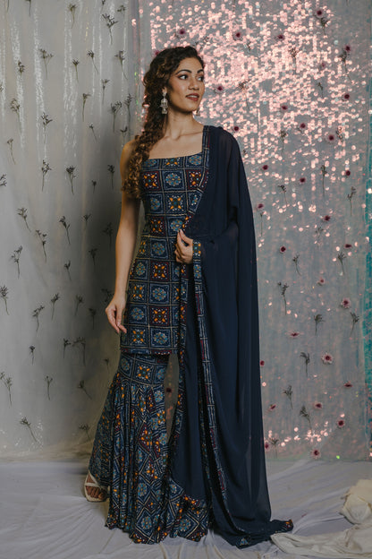 Rayon Fabric With Golden Printed Sharara Style Outfit