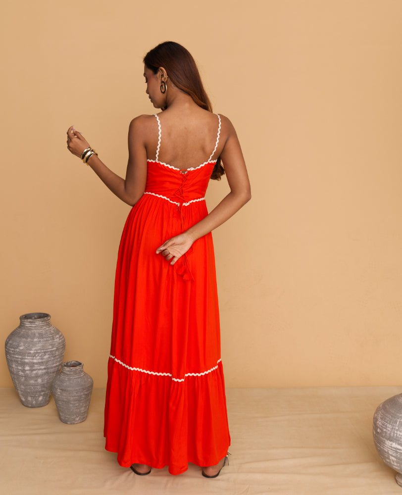 Mileenia Orange Spaghetti Strap Maxi Dress with White Trim
