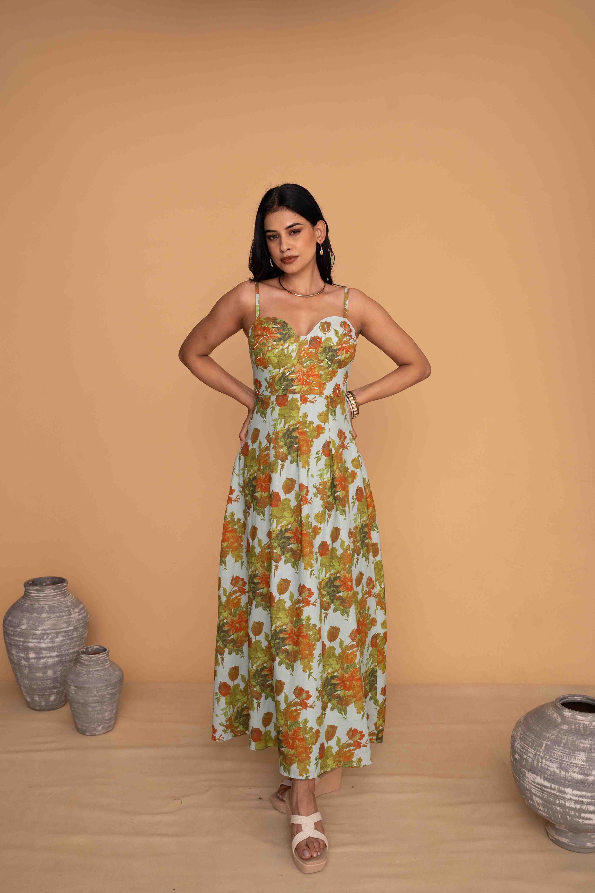 Mileenia Green Floral Sweetheart Neck Strappy Maxi Dress