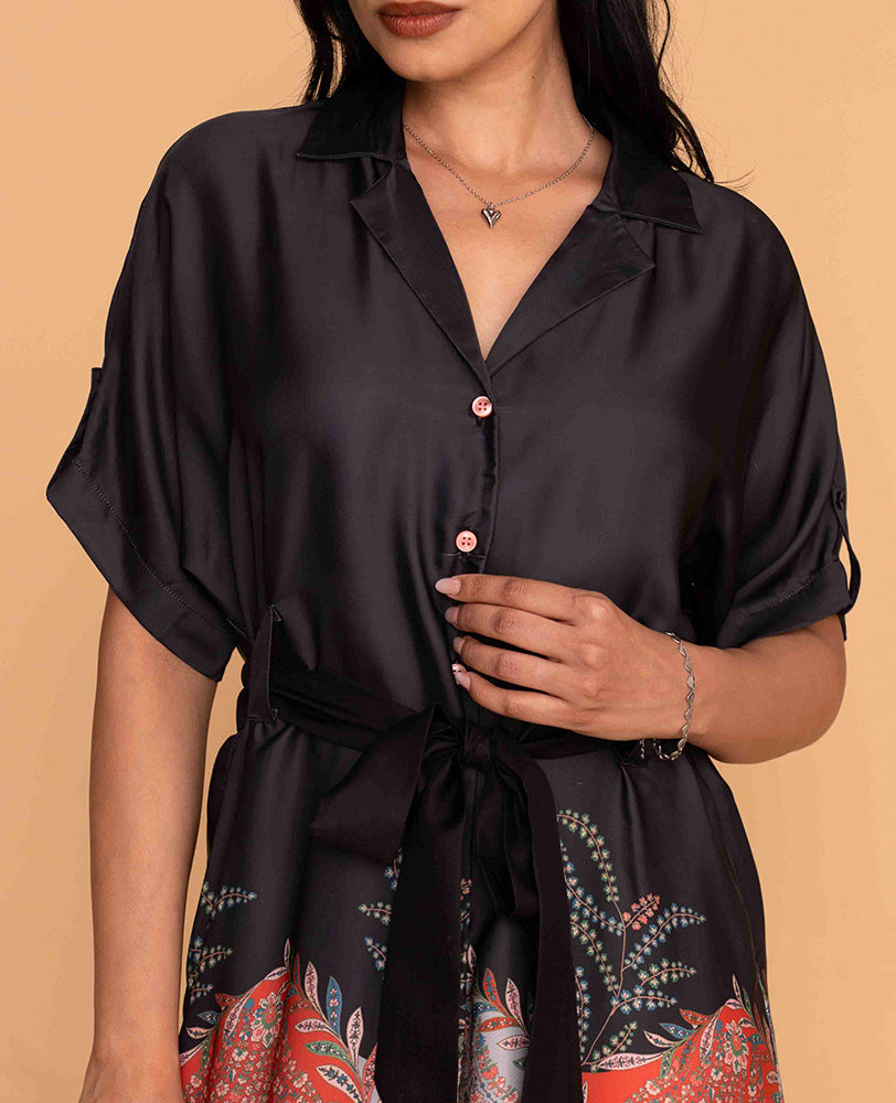 Mileenia Black Satin Shirt Dress with Paisley Print Skirt and Waist Tie