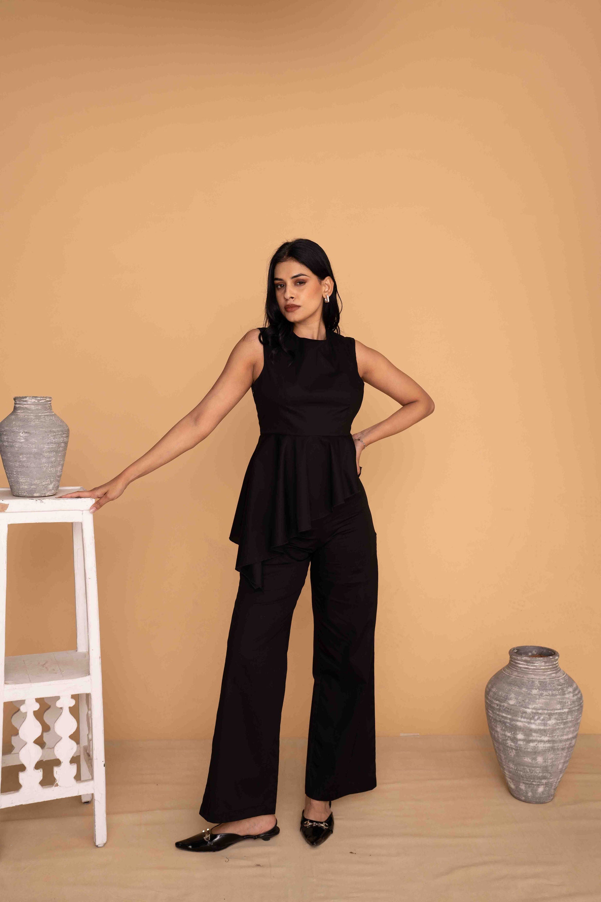 Mileenia Black Asymmetrical Peplum Top with Wide-Leg Pants Co-ord Set