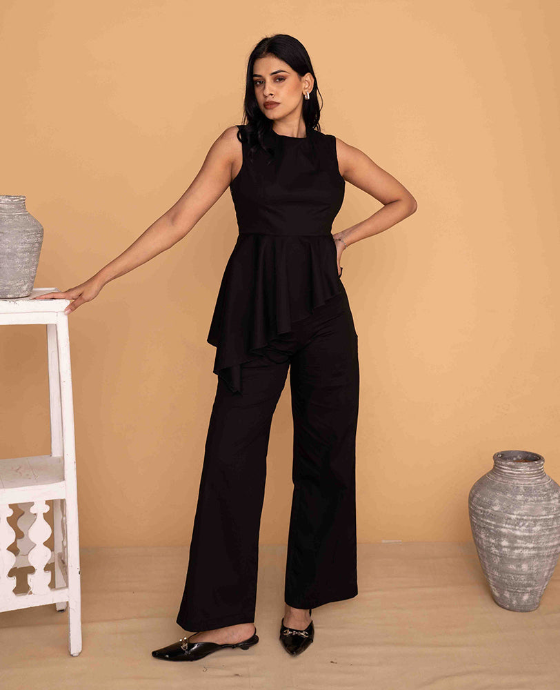 Mileenia Black Asymmetrical Peplum Top with Wide-Leg Pants Co-ord Set