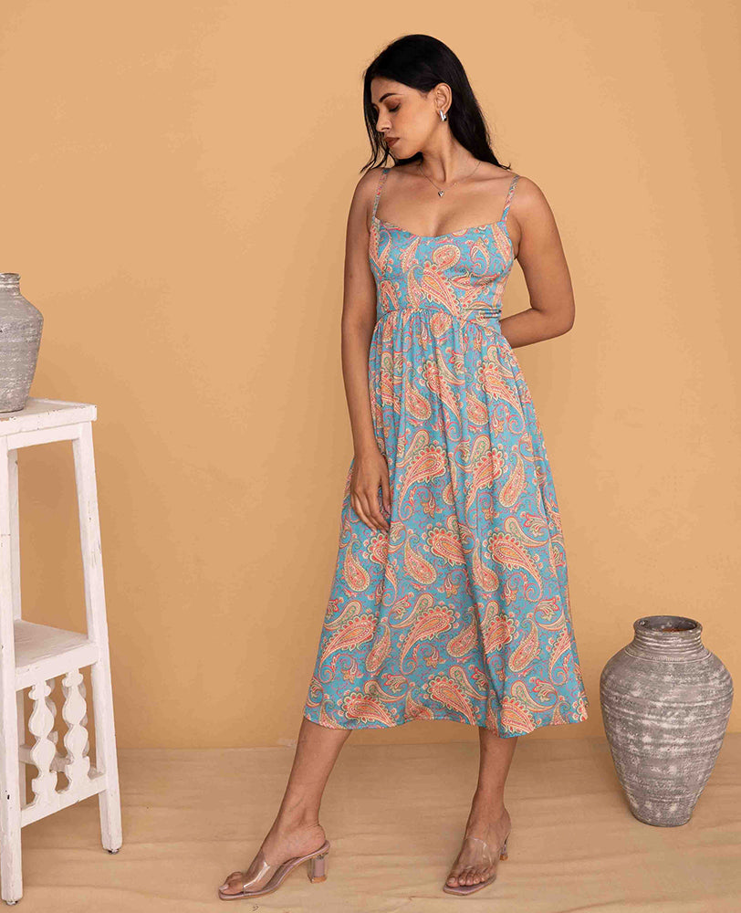 Blue Paisley Print Spaghetti Strap Satin Midi Dress