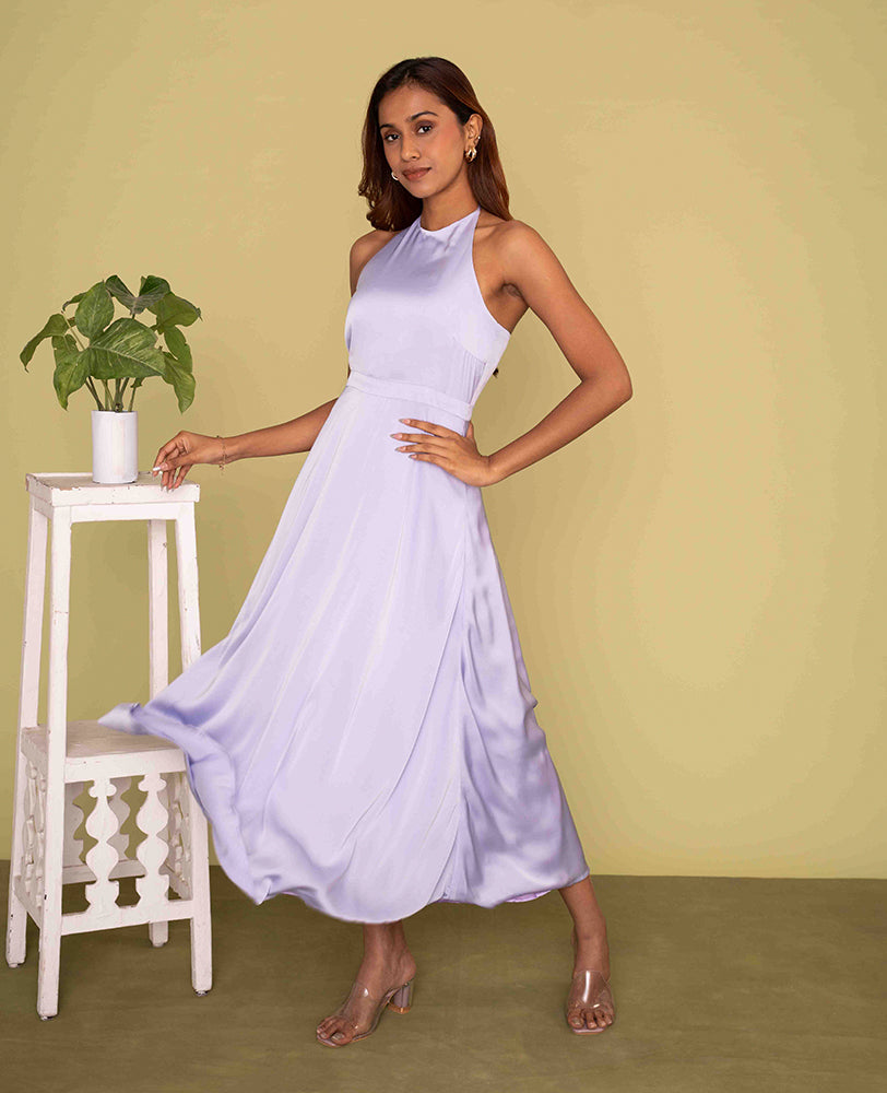 Mileenia Lavender Satin Halter Neck Flared Midi Dress