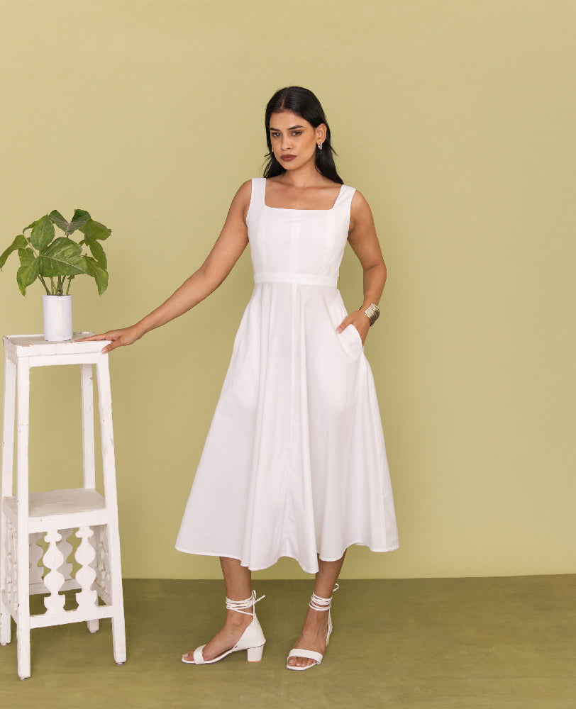 Mileenia White Cotton Square Neck Flared Midi Dress