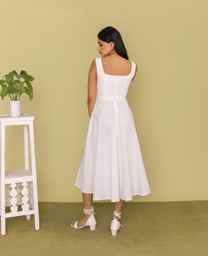Mileenia White Cotton Square Neck Flared Midi Dress