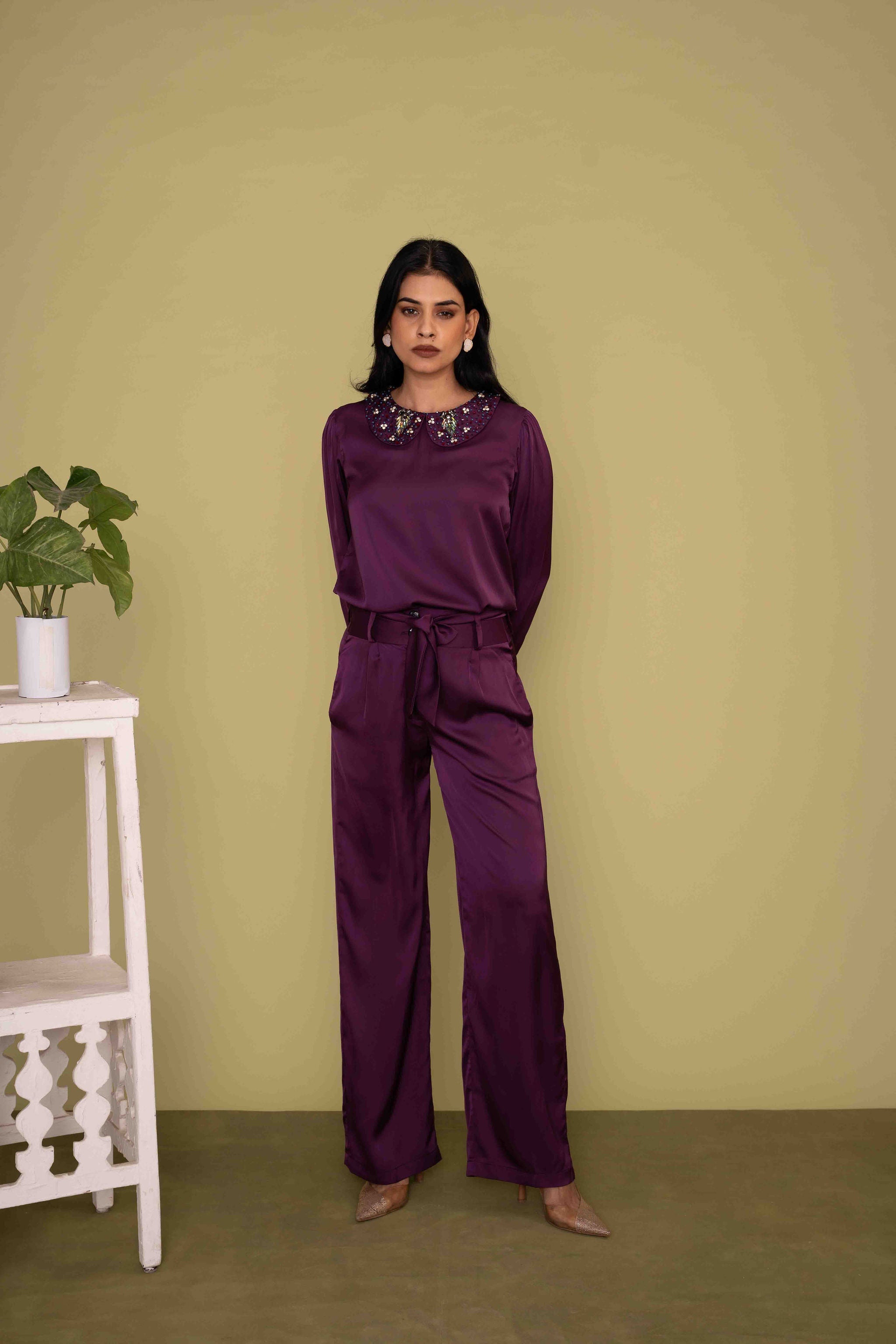 Mileenia Purple Satin Embellished Collar Shirt with Wide-Leg Pants Co-ord Set