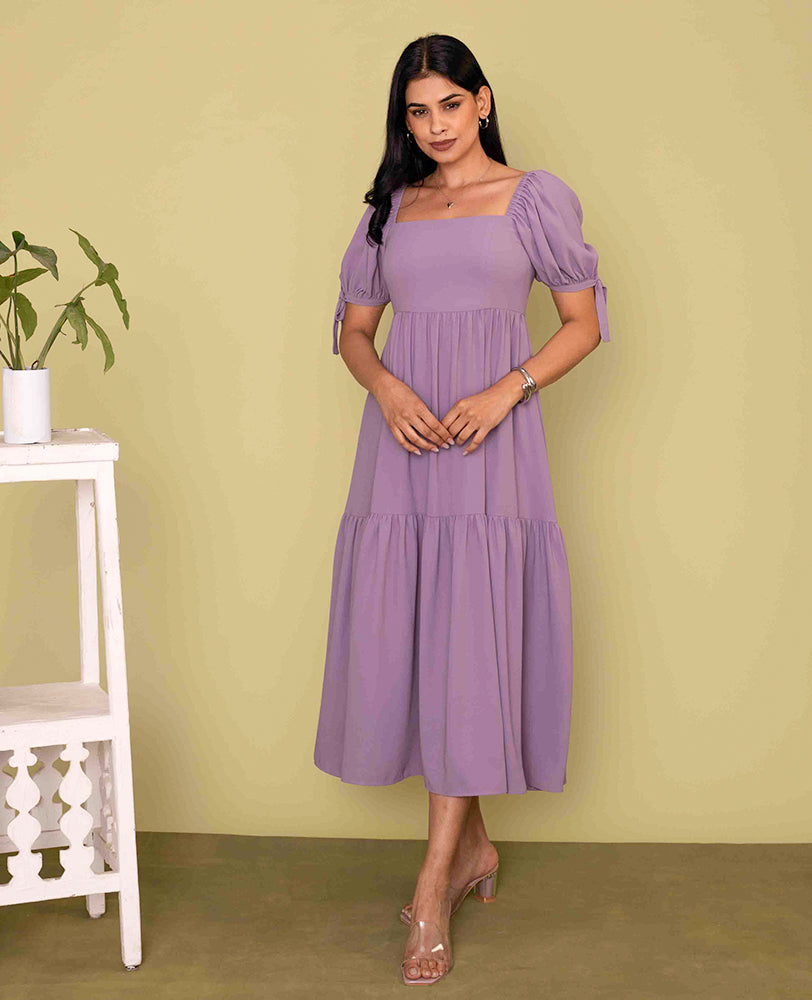 Mileenia Lavender Cotton Puff Sleeve Tiered Midi Dress