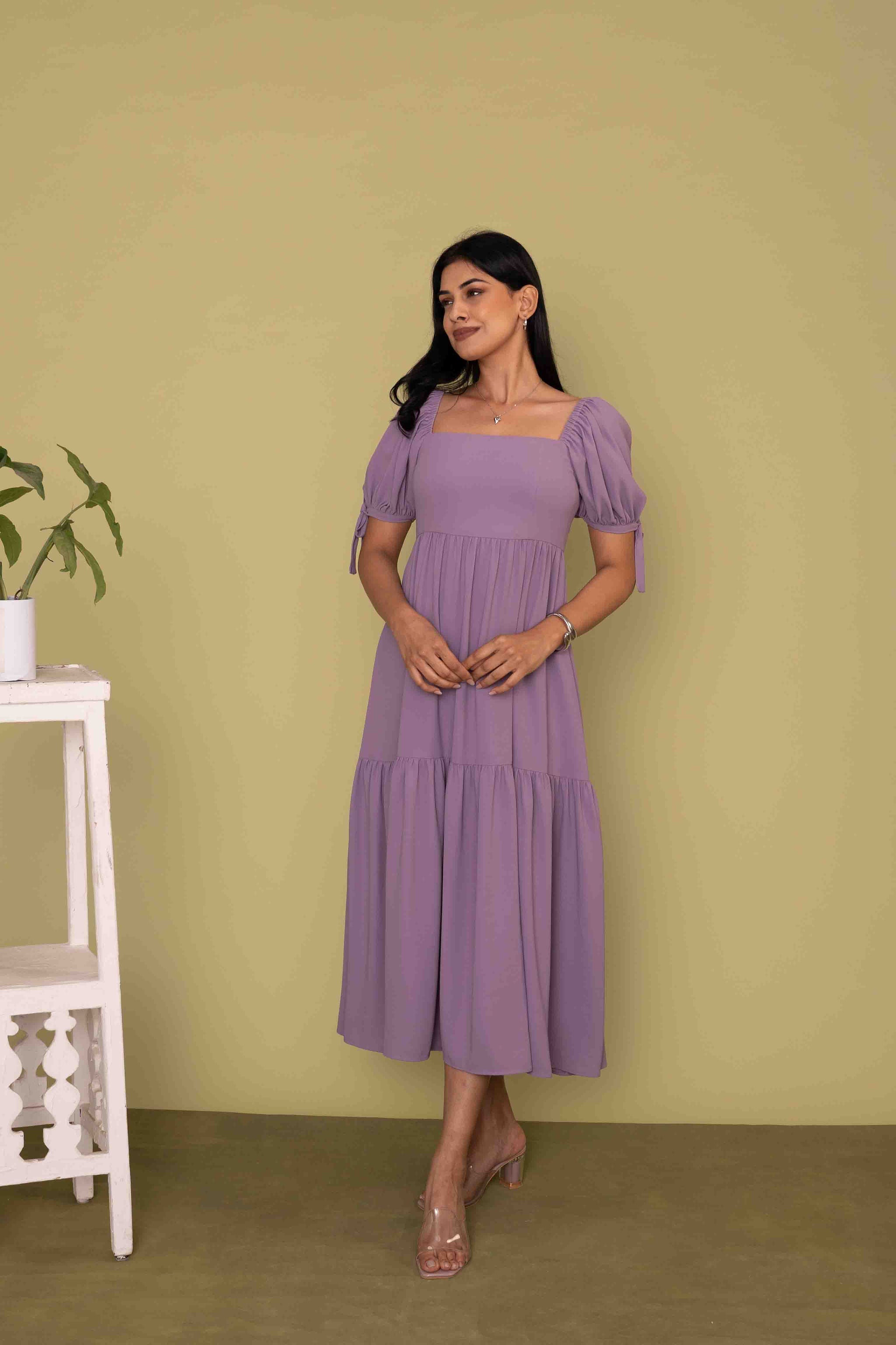 Mileenia Lavender Cotton Puff Sleeve Tiered Midi Dress