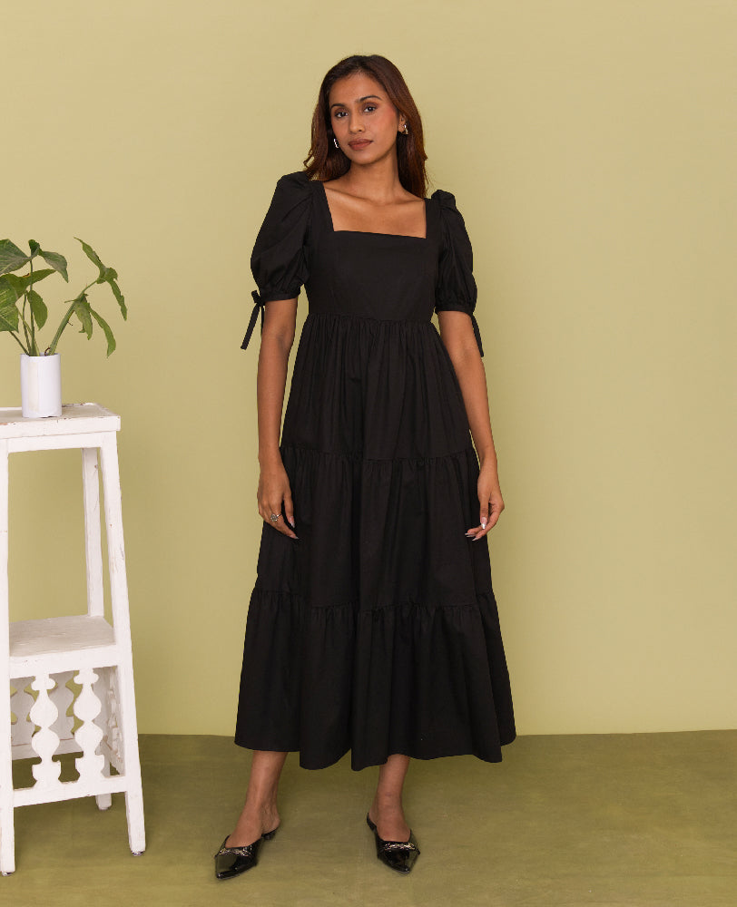 Black Cotton Puff Sleeve Tiered Midi Dress