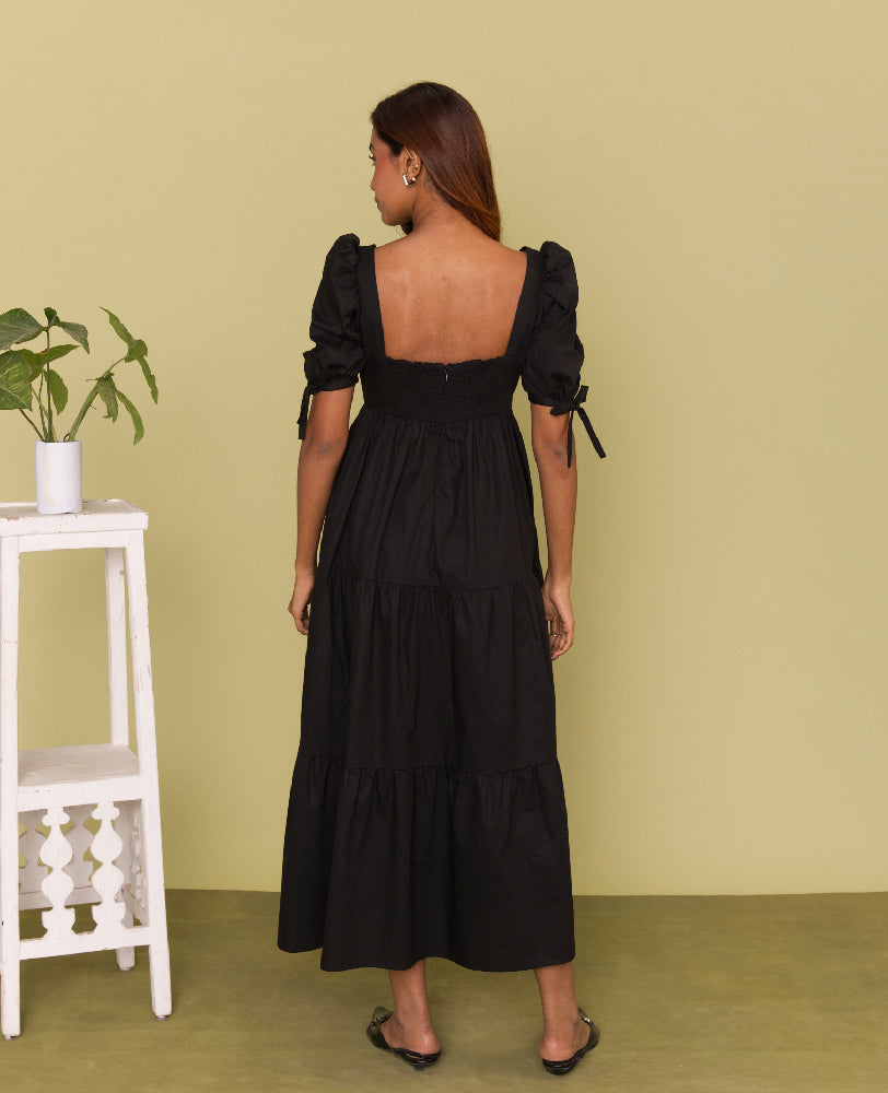 Mileenia Black Cotton Puff Sleeve Tiered Midi Dress
