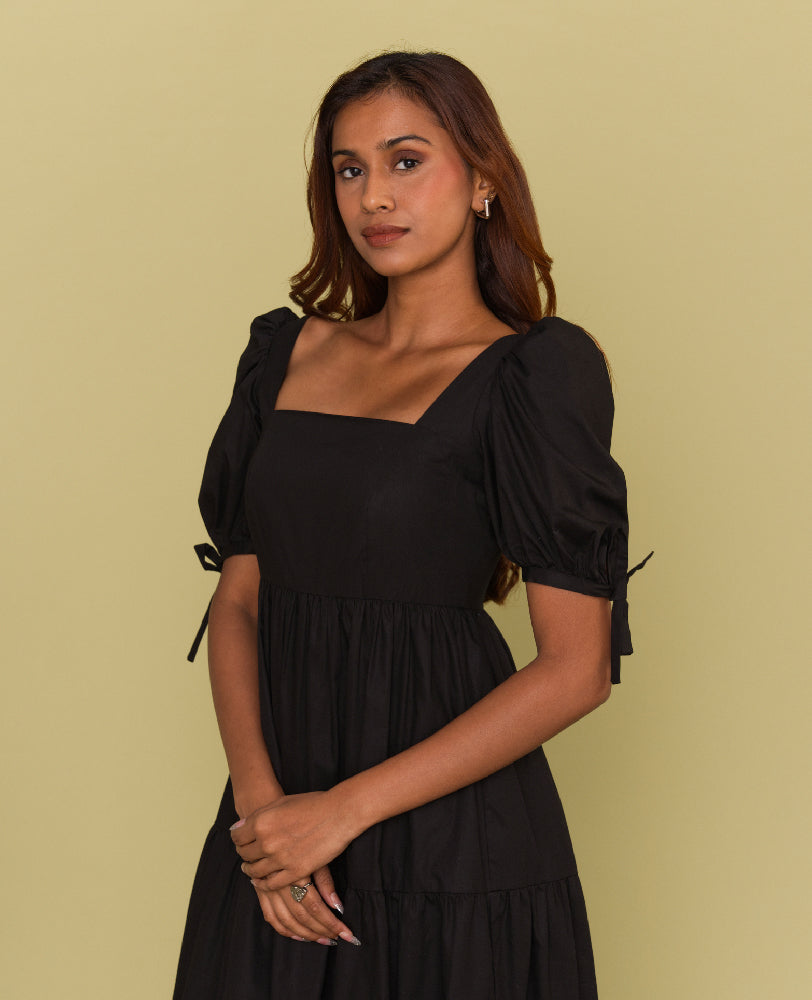 Mileenia Black Cotton Puff Sleeve Tiered Midi Dress