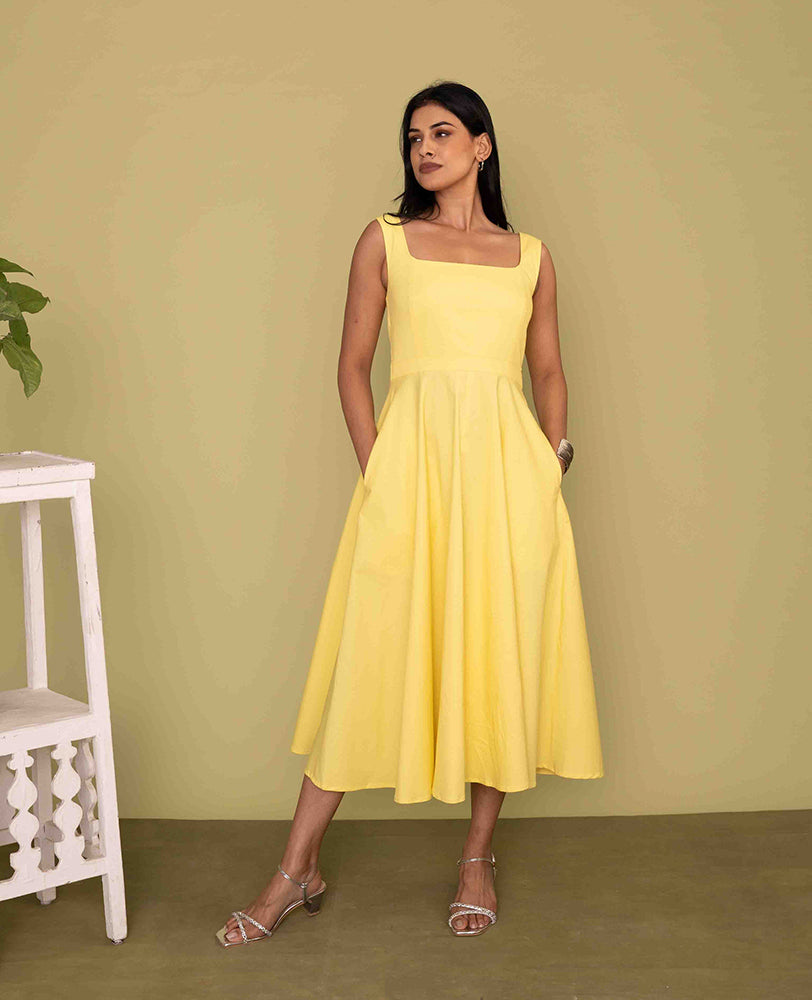 Mileenia Yellow Cotton Square Neck Flared Midi Dress