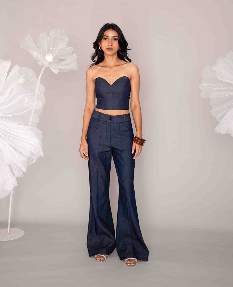 Mileenia Dark Denim Sweetheart Neck Bustier Top with Wide-Leg Pants Co-ord Set