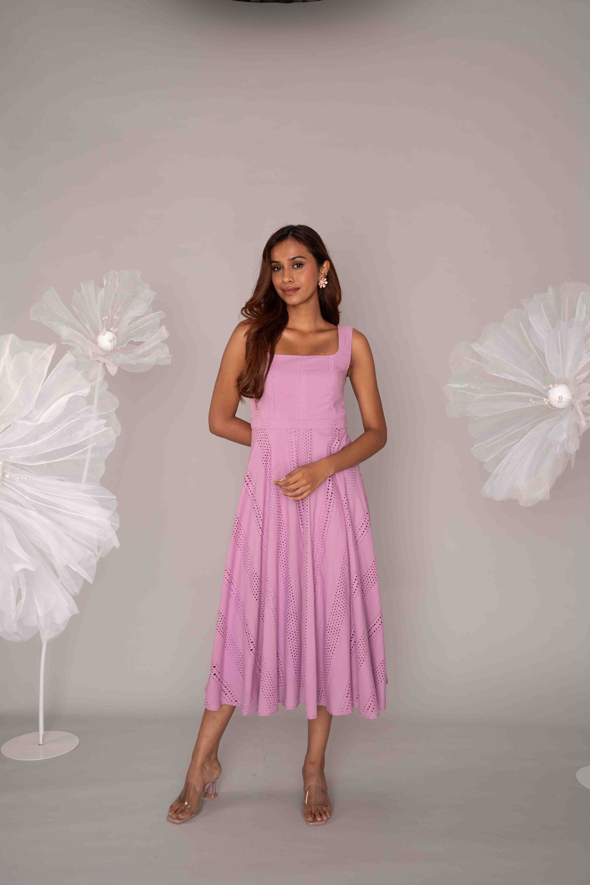 Mileenia Pink Cotton Hakoba Square Neck Flared Midi Dress