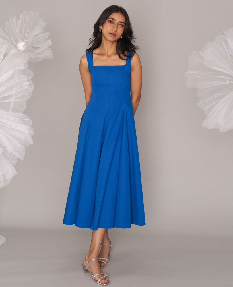 Cobalt Blue Cotton Square Neck Flared Midi Dress