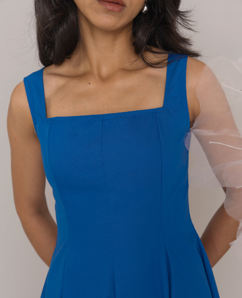 Mileenia Blue Cotton Square Neck Flared Midi Dress