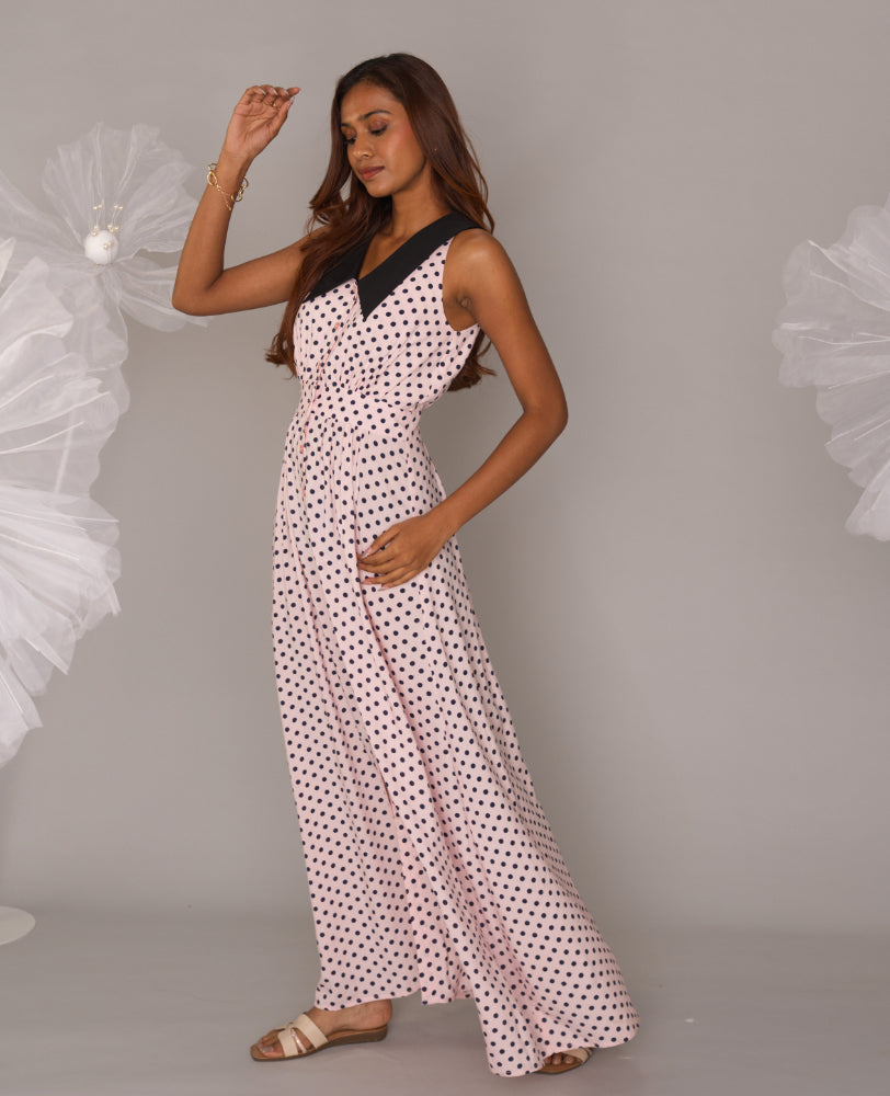 Mileenia Polka Dot Maxi Dress with Contrast Collar