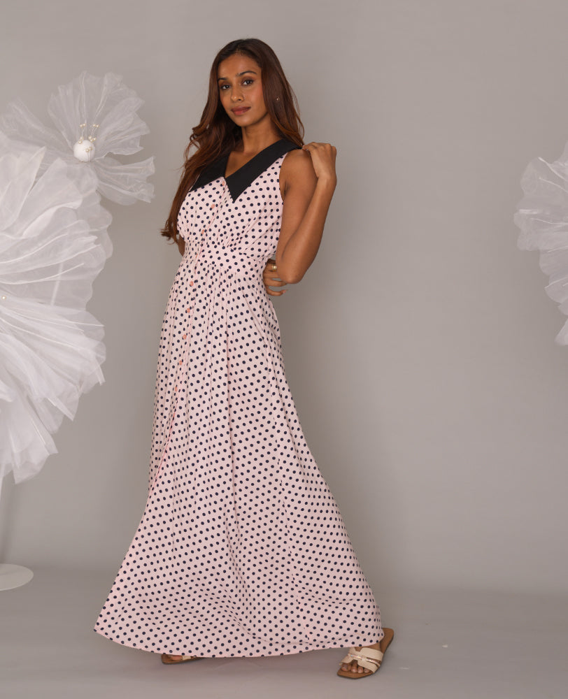 Mileenia Polka Dot Maxi Dress with Contrast Collar