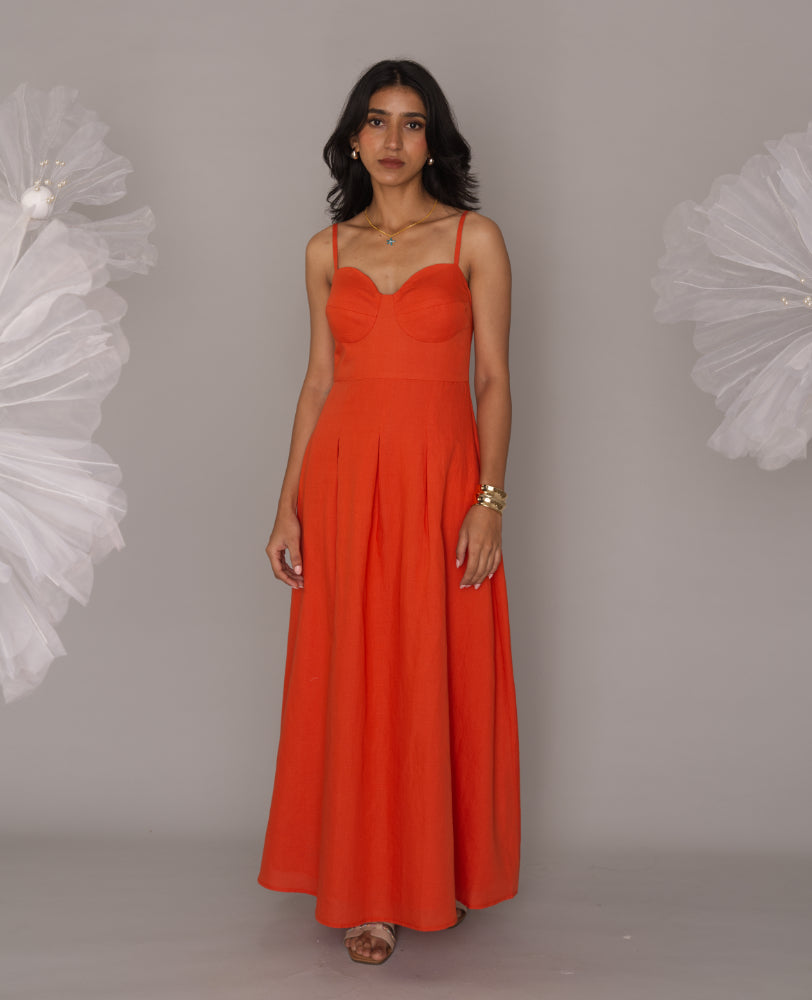 Fiery Orange Sweetheart Neck Strappy Maxi Dress