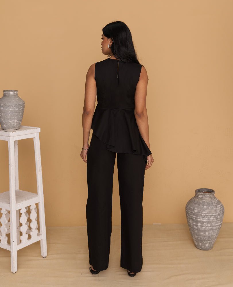 Black Asymmetrical Peplum Top with Wide - Leg Pants Co - ord Set - Mileenia