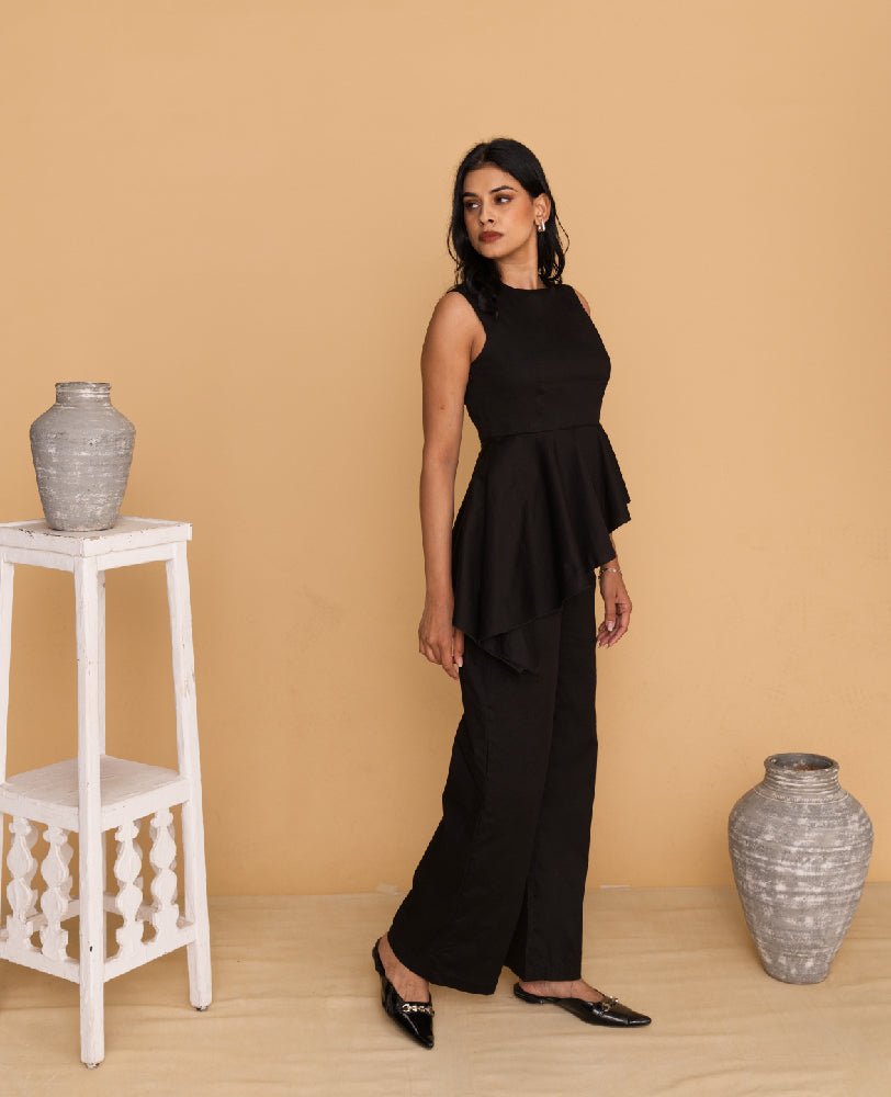 Black Asymmetrical Peplum Top with Wide - Leg Pants Co - ord Set - Mileenia