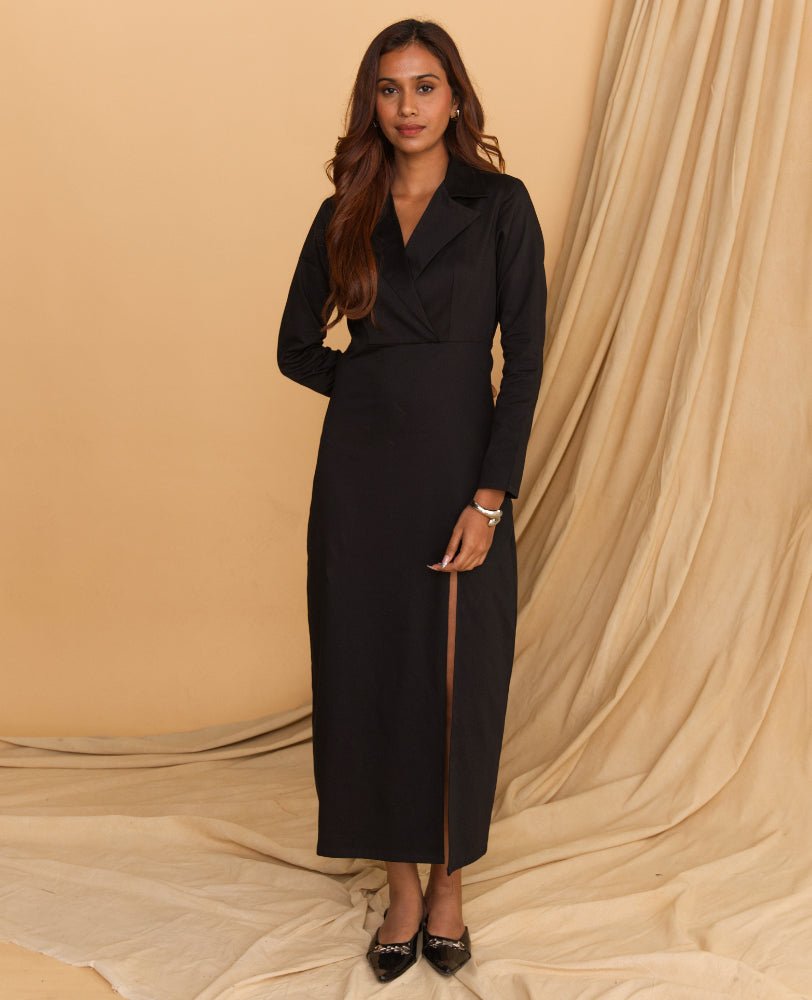 Black Blazer - Collar Maxi Dress with Side Slit - Mileenia