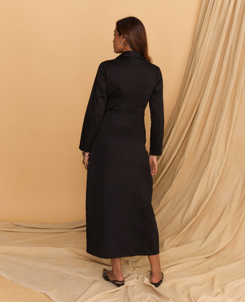 Black Blazer - Collar Maxi Dress with Side Slit - Mileenia