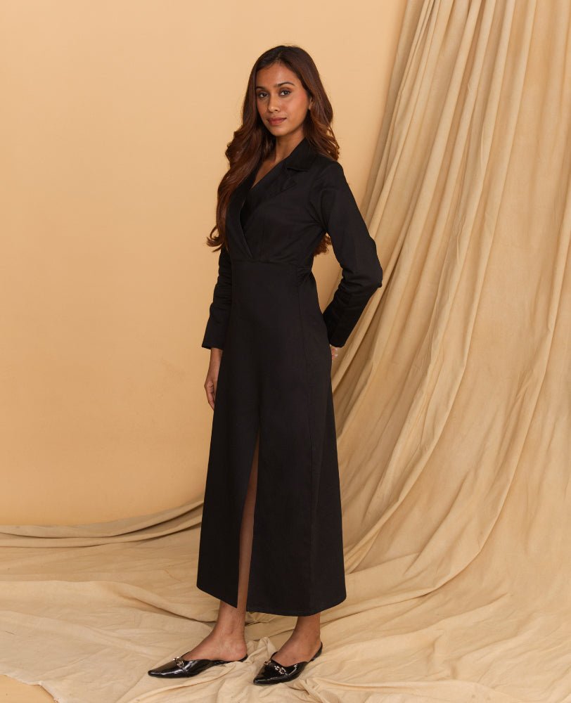 Black Blazer - Collar Maxi Dress with Side Slit - Mileenia