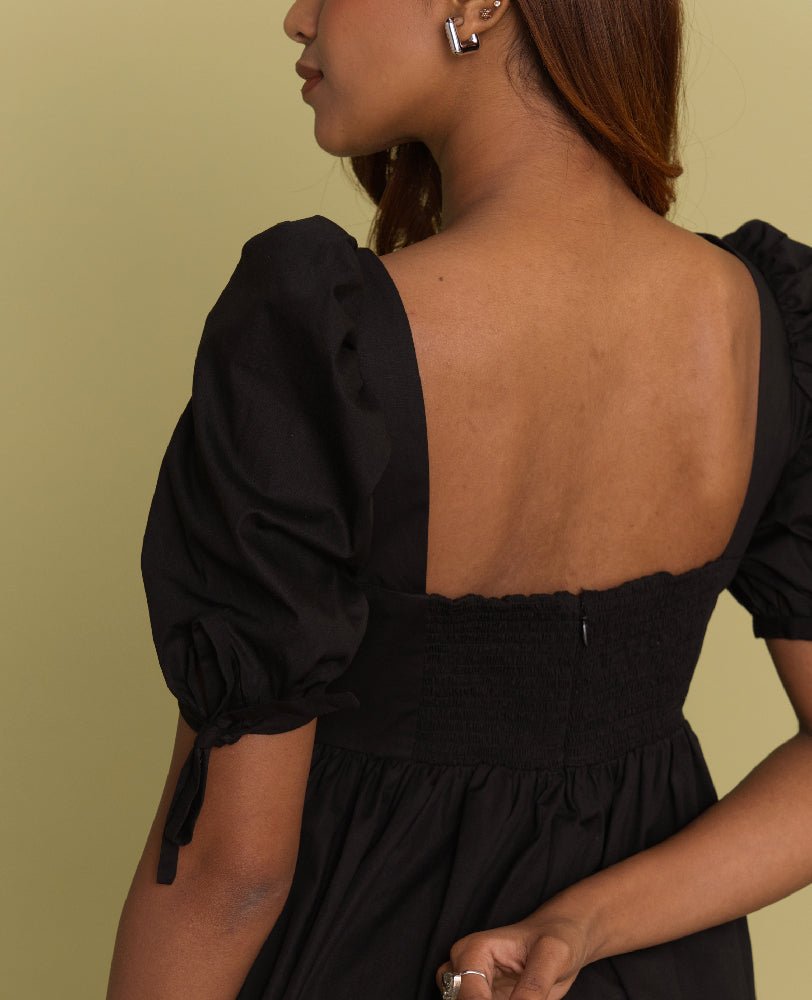 Black Cotton Puff Sleeve Tiered Midi Dress - Mileenia