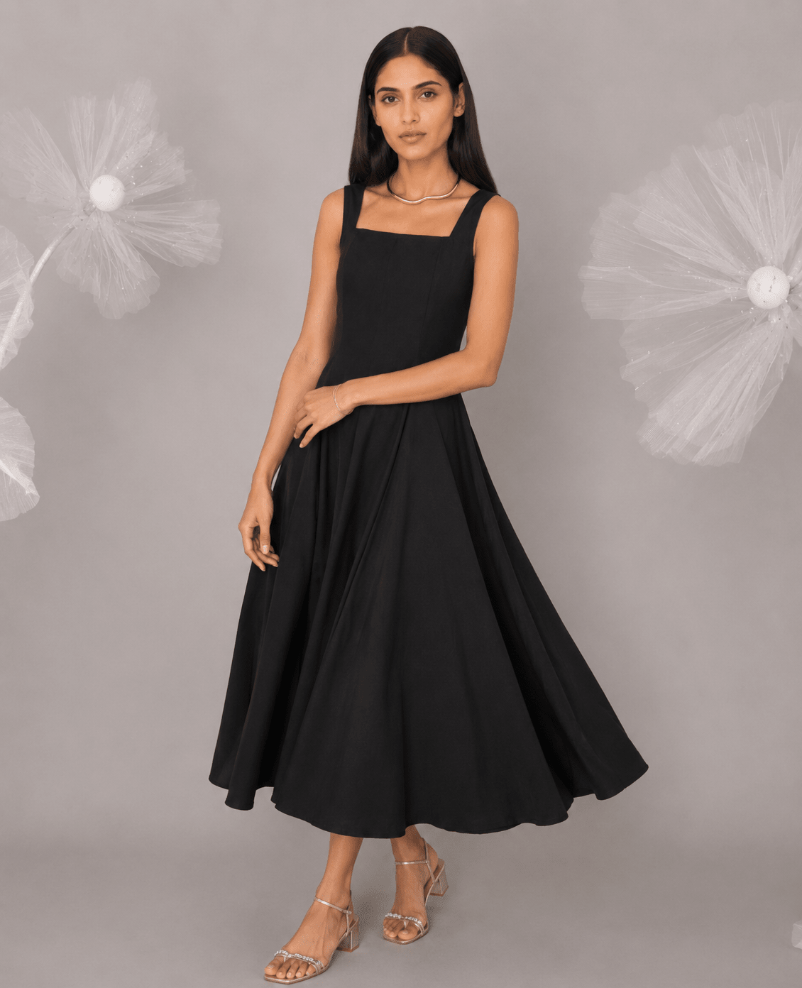 Black Cotton Square Neck Flared Midi Dress - Mileenia