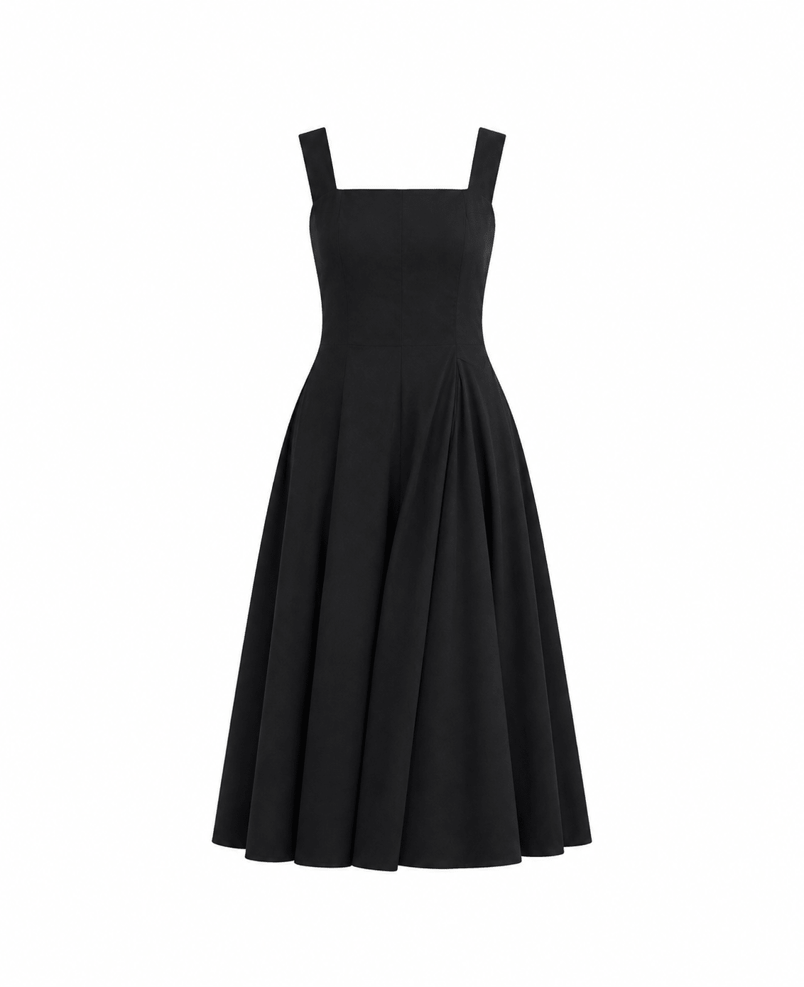 Black Cotton Square Neck Flared Midi Dress - Mileenia
