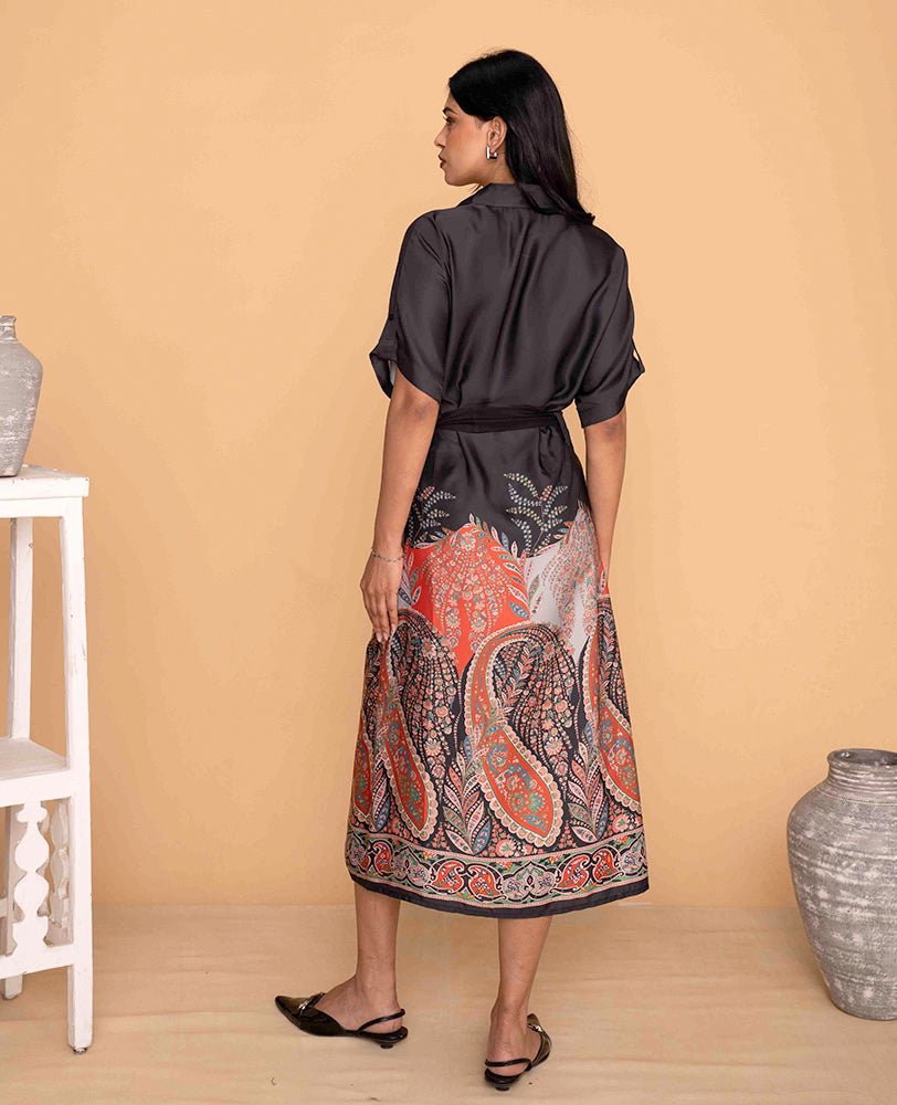 Black Satin Shirt Dress with Paisley Print Skirt and Waist Tie - Mileenia
