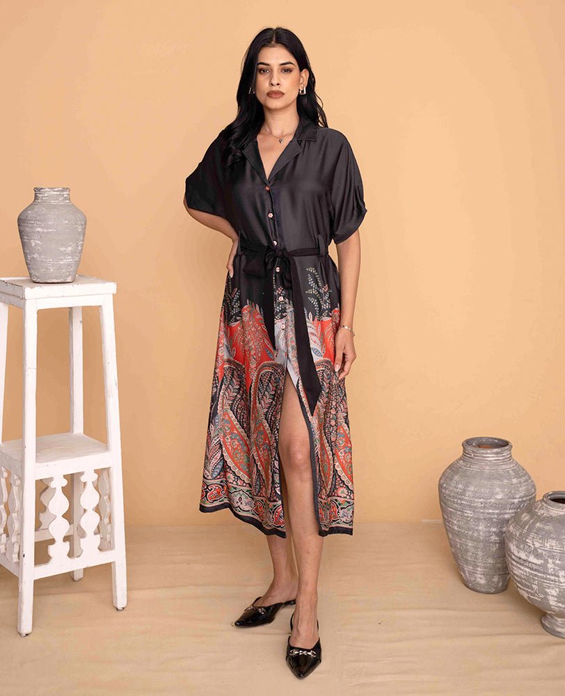 Black Satin Shirt Dress with Paisley Print Skirt and Waist Tie - Mileenia