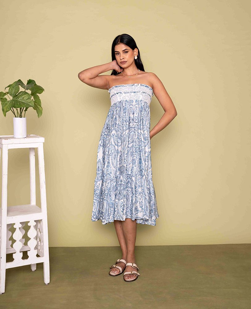 Blue Paisley Breeze Smocked Midi Dress - Mileenia