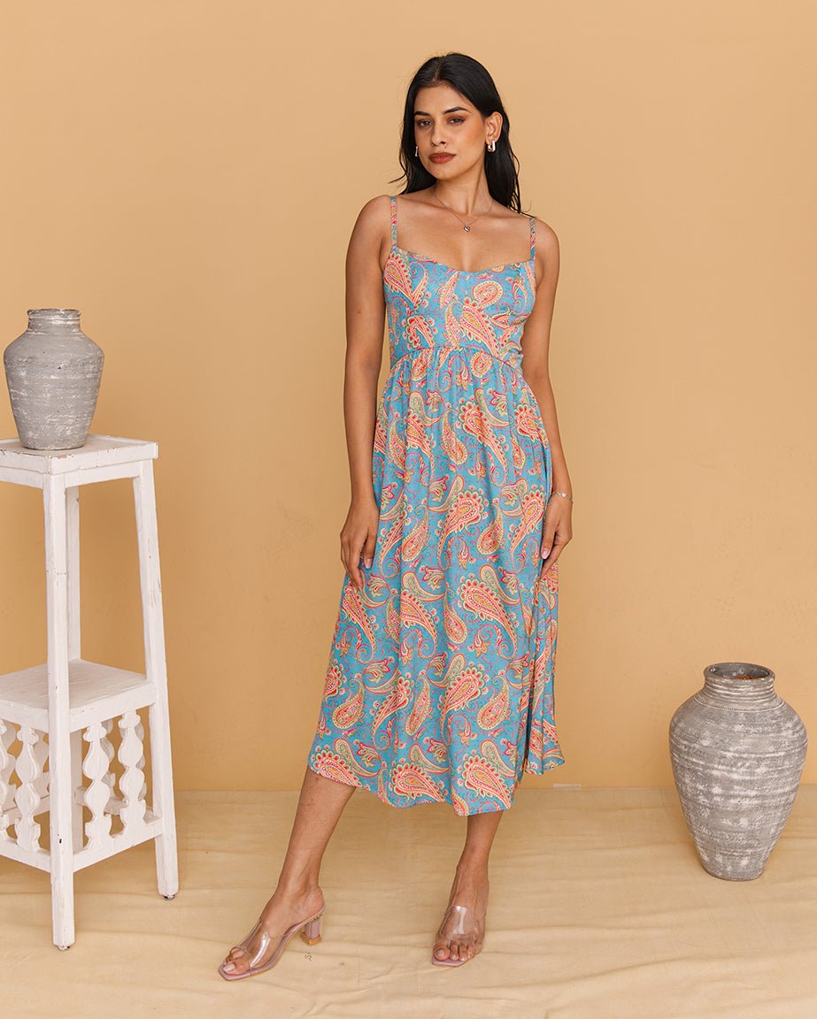 Blue Paisley Print Spaghetti Strap Satin Midi Dress - Mileenia