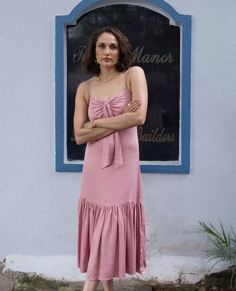 Blush Pink Bow - Tie Midi Dress - Mileenia