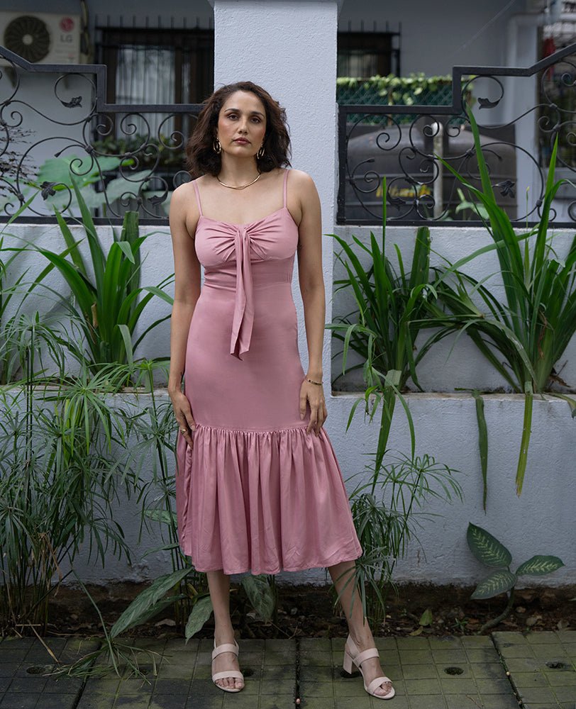 Blush Pink Bow - Tie Midi Dress - Mileenia