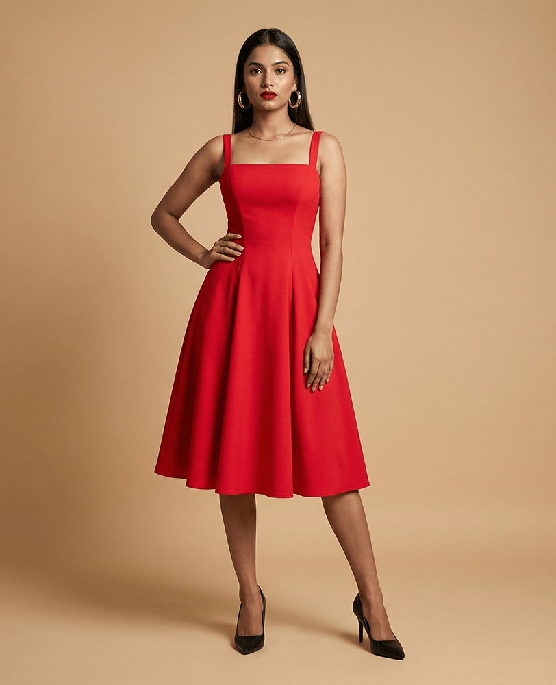 Cobalt Blue Cotton Square Neck Flared Midi Dress - Mileenia