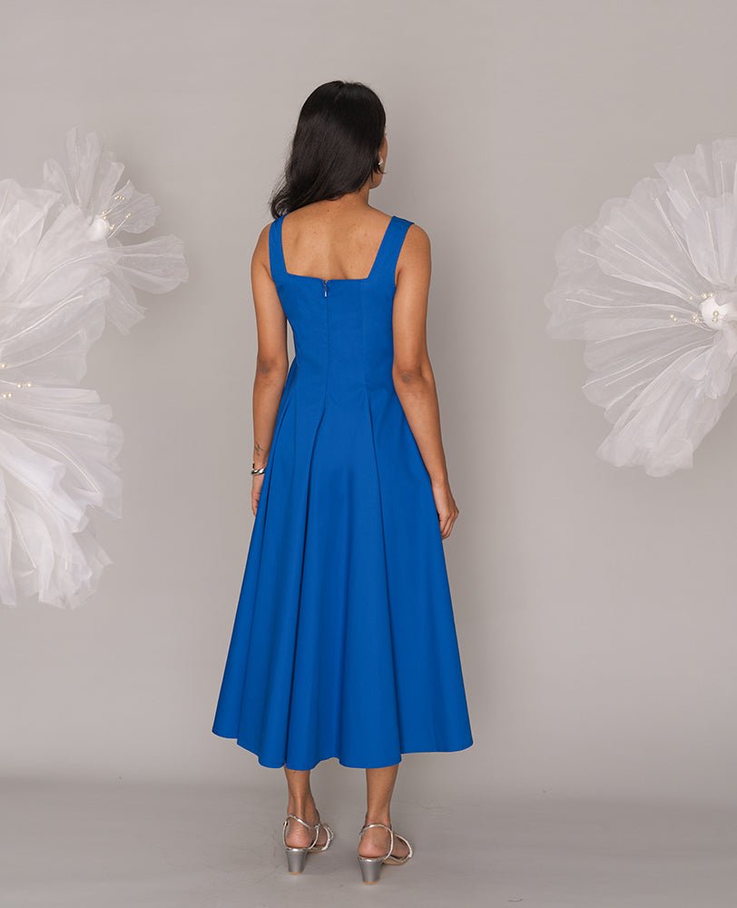 Cobalt Blue Cotton Square Neck Flared Midi Dress